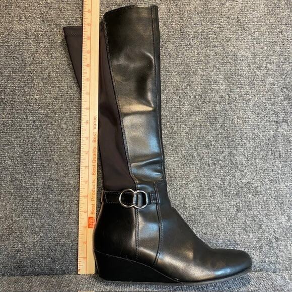 Kenneth Cole Reaction Tip Dress Black Knee High Stretch Boots Womens 8 Wedge - Picture 10 of 10